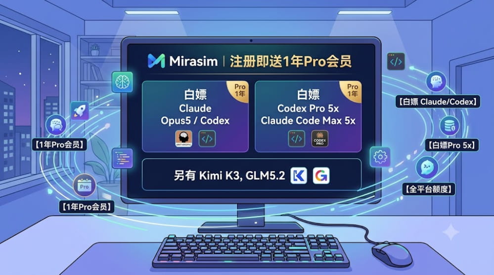 Mirasim 注册即送1年Pro会员 可白嫖Claude Opus5 和 Codex 封面图