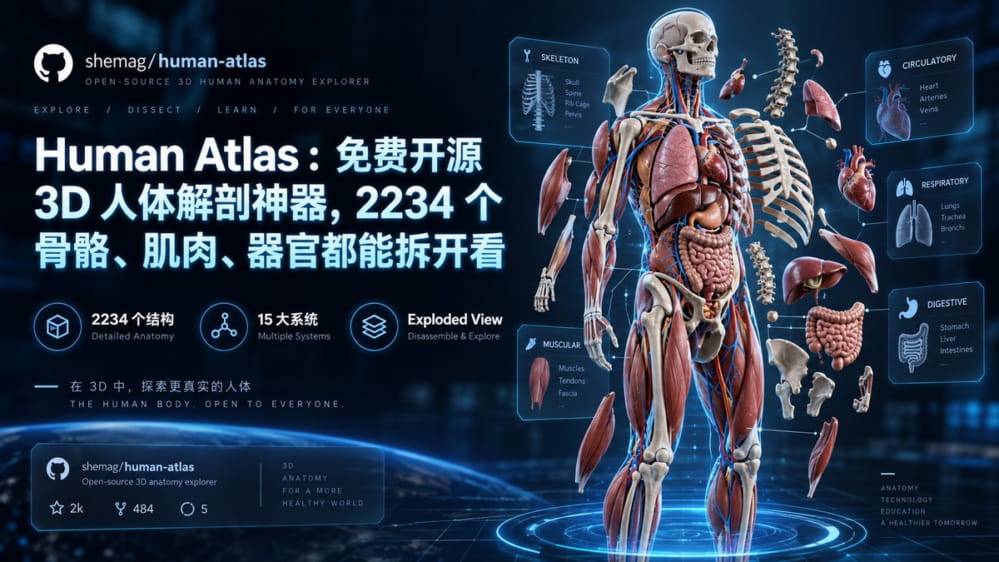 Human Atlas | 免费开源 3D 人体解剖神器 2234 个骨骼、肌肉、器官都能拆开看 封面图