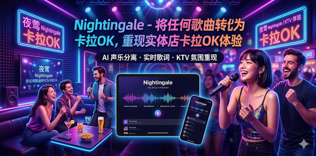 Nightingale - 将任何歌曲转化为卡拉OK,重现实体店卡拉OK体验 封面图